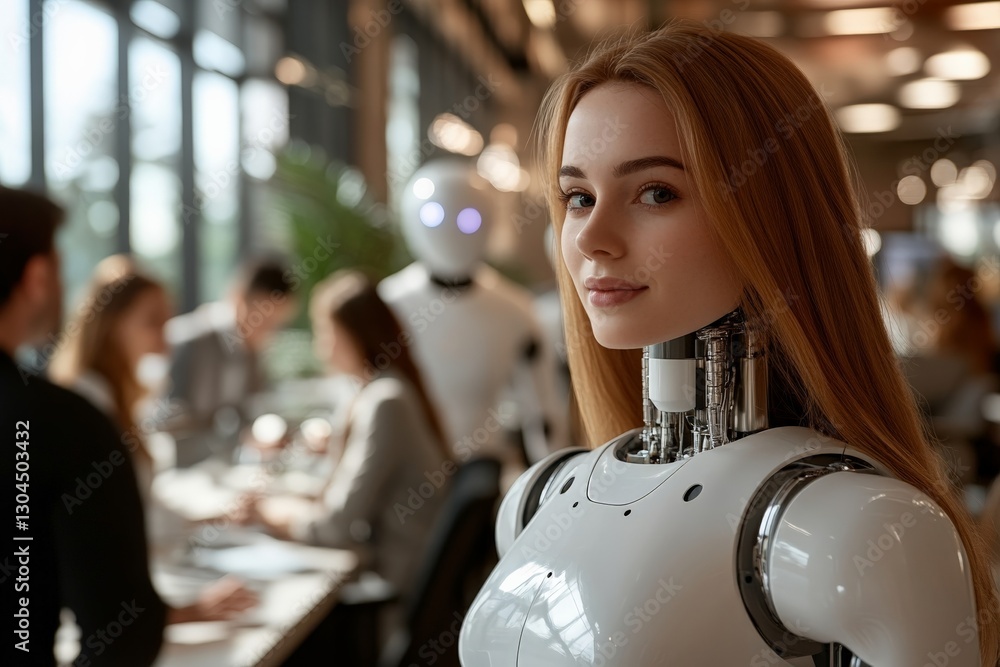 Poster robot and people engage in conversation in modern office setting during daylight hours