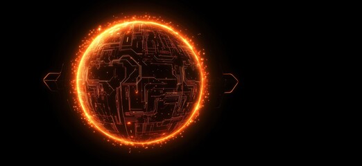 Fototapeta premium Futuristic glowing circuit board planet with orange light effects and digital design