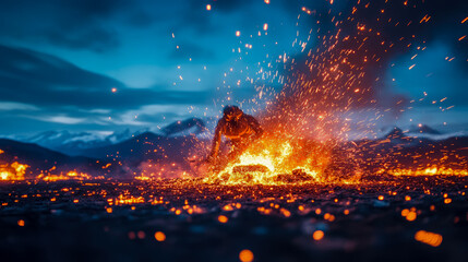 Fototapeta premium Fire Dance: Mesmerizing spectacle of fire art performance on a starlit evening, mountains on the horizon.