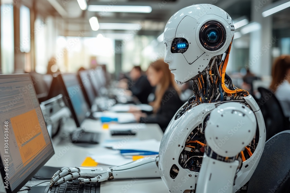 Aufkleber advanced robot working alongside professionals in a modern office environment during the daytime