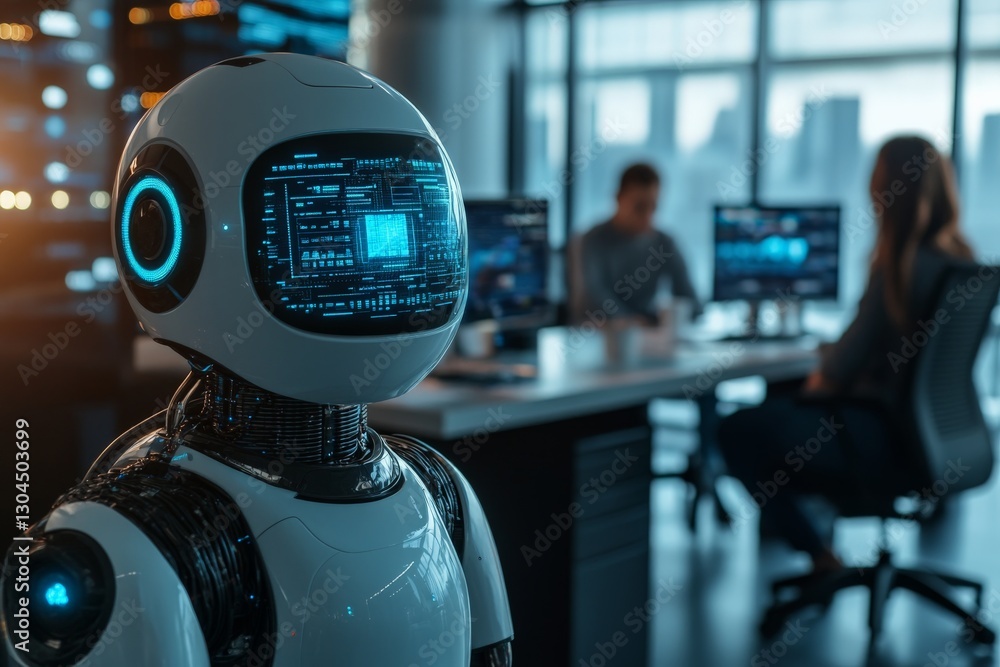 Aufkleber Robot interacts with humans in a modern office during a high-tech collaboration session