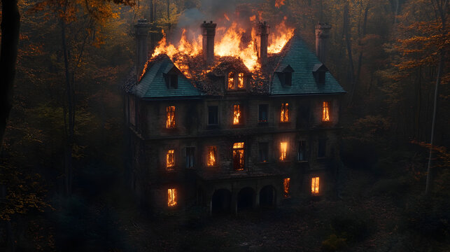 Lonely mansion in the middle of a forest, its roof alight with flickering red and orange flames, casting long shadows.