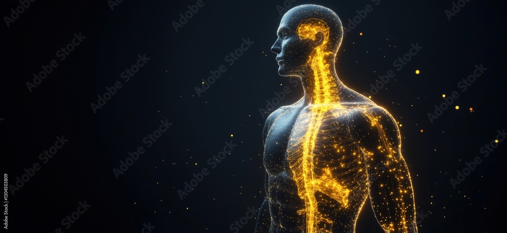Poster human anatomy visualization with glowing lines and particles representing body systems