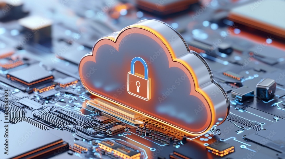 Poster glowing cloud icon with secure lock and shield on digital background