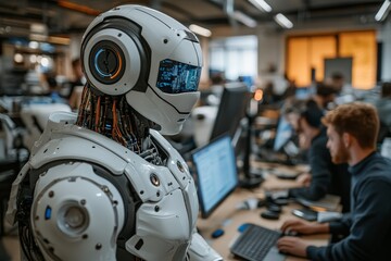 Fototapeta premium Robot stands in a modern office while employees work at computers during a busy day