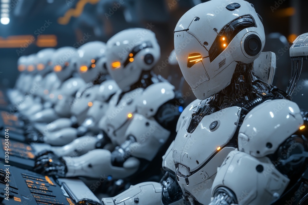 Poster robots working together in a high-tech facility during a futuristic operation on a bright day