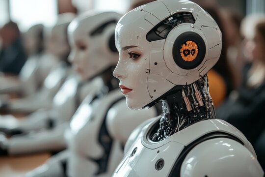 Robots in a seminar setting discussing artificial intelligence advancements in technology