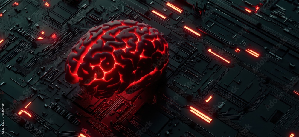 Poster artificial intelligence brain on circuit board with glowing red lights and dark background