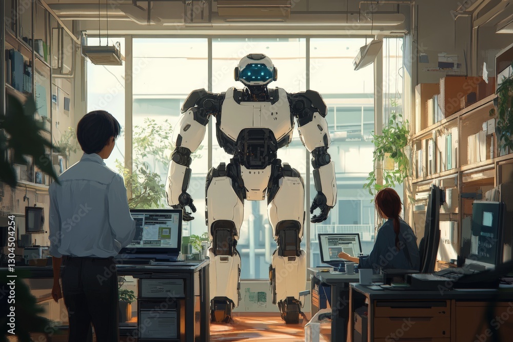 Poster advanced robot interacts with researchers in a modern laboratory during a bright afternoon