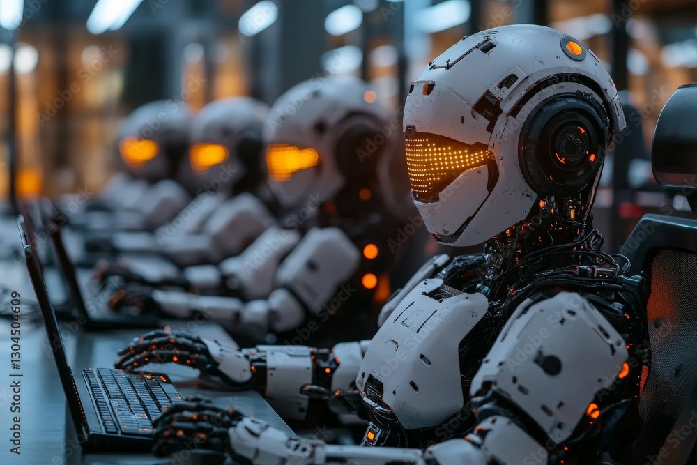 Poster robots working collaboratively at computers in a modern workspace during nighttime