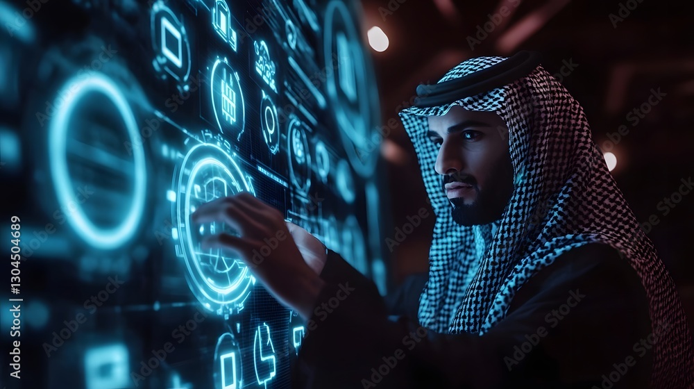 Poster a man in traditional attire interacting with a futuristic digital interface in a modern setting