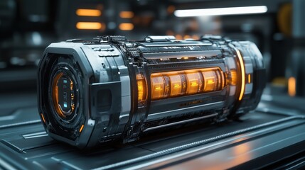 A stylized representation of a battery, its metallic casing and internal structure rendered to highlight its functional design and form.