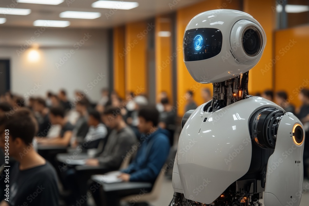 Poster robot teaches students in a modern classroom setting during a technology lecture