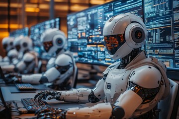 Fototapeta premium Robots engaged in data analysis at high-tech facility during nighttime operations