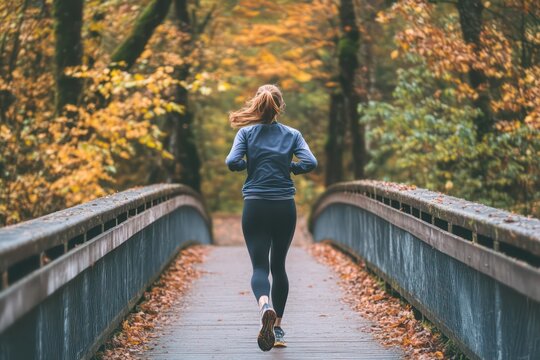 A woman jogging on an outdoor bridge, her face full of happiness, as she experiences the joy of staying active and healthy.