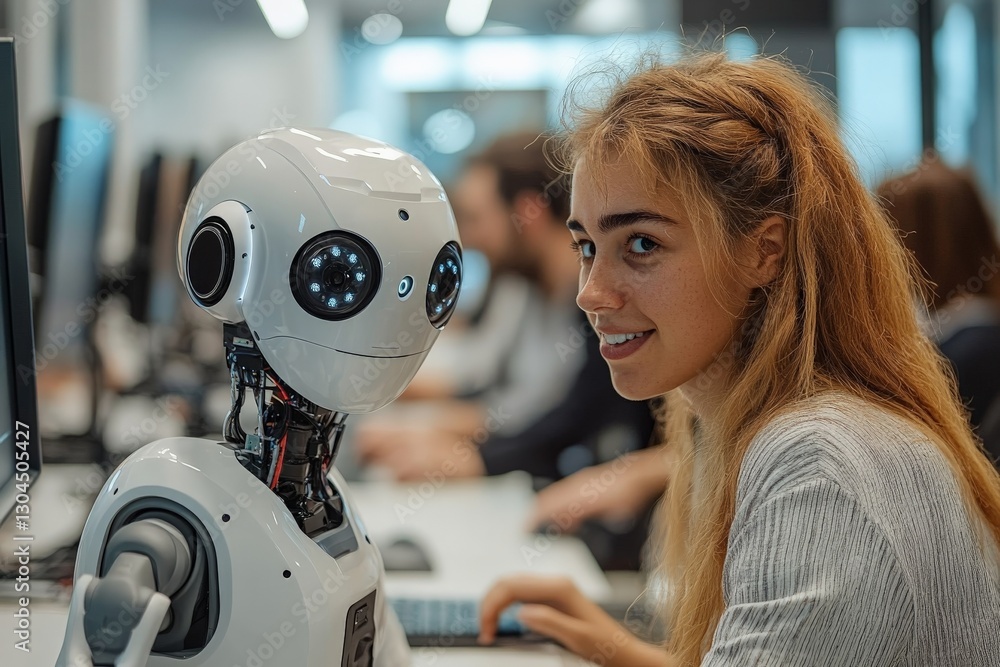 Poster young woman interacts with humanoid robot in a modern tech workspace during a collaborative learning