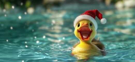 Cute duckling wearing Santa hat swimming in festive winter scene