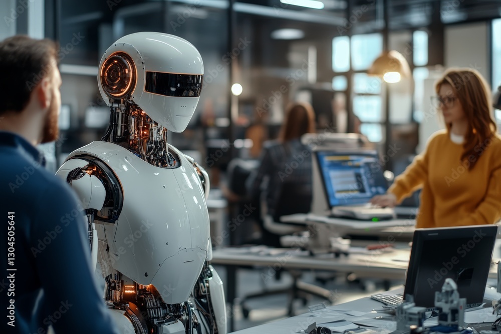Leinwandbilder Discussing AI technology in a modern office with a humanoid robot during a busy workday