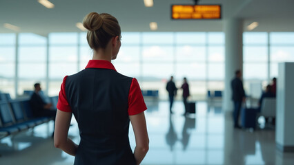 female flight attendant stands near airport terminal area waiting passengers board