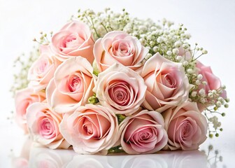 Obraz premium Delicate Pink Rose and Gypsophila Bouquet on White - Elegant Floral Arrangement Stock Photo