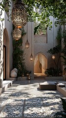 Obraz premium Beautiful lantern lit courtyard with lush vegetation and patterned floor