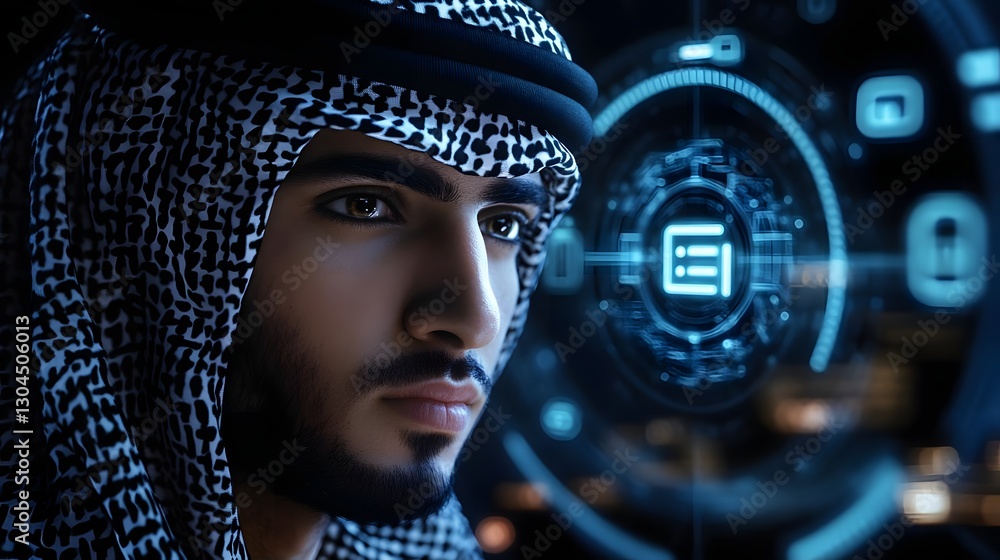 Poster a focused man in traditional attire analyzing digital data against a futuristic interface backdrop