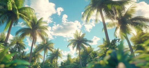 Lush tropical palm trees under bright blue sky with fluffy clouds
