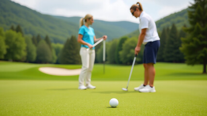 female golfer holds flag male partner puts ball