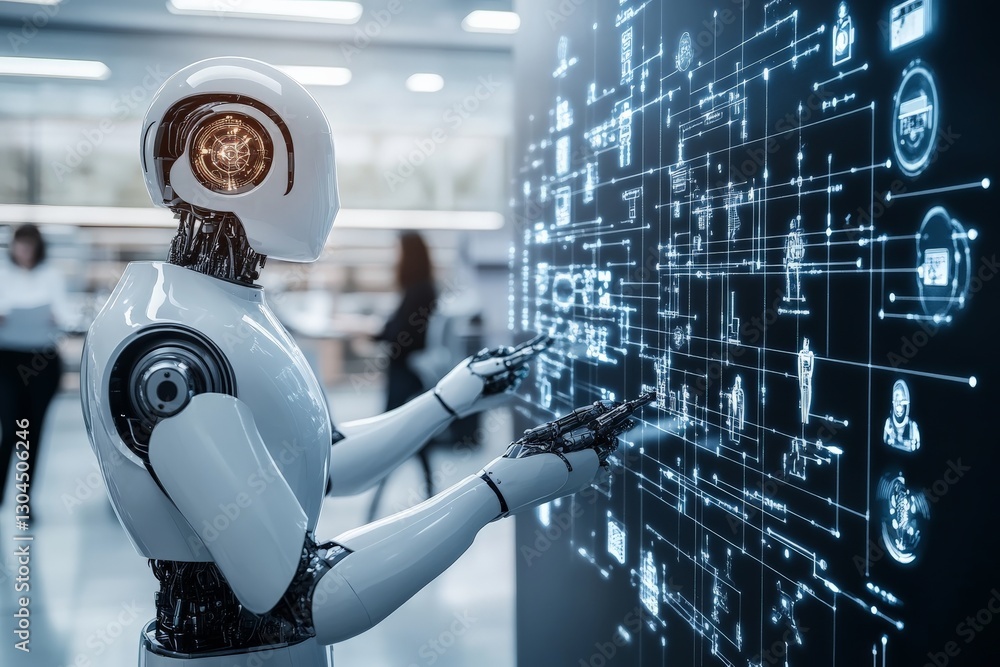 Poster robot interactively analyzing data on a digital display in a modern technology facility