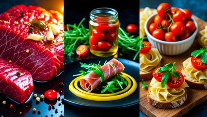 A vibrant food collage showcasing fresh ingredients: succulent red meat, prosciutto with arugula, and tomato-topped bread, a celebration of flavors.