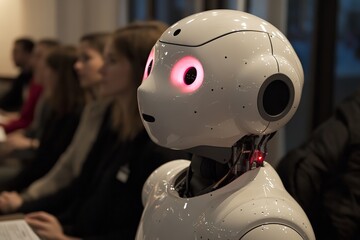 Innovative humanoid robot observes audience during technology seminar in a modern conference setting