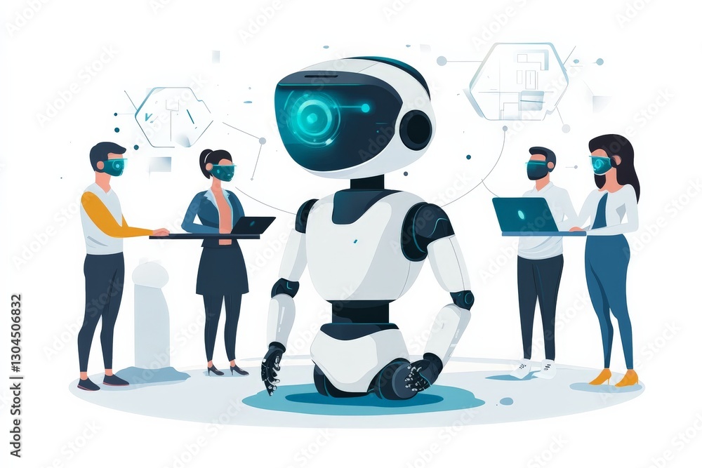 Leinwandbilder group of people collaborating with a robotic assistant in a modern workspace