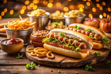 Delicious American Food Feast: Hot Dogs, Fries & More!  A vibrant, appetizing stock photo showcasing a variety of classic American dishes. Perfect for menus, blogs, and food-related publications.