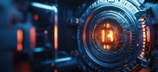Obraz premium Futuristic Bitcoin Symbol Surrounded by High-Tech Mechanisms and Glowing Lights