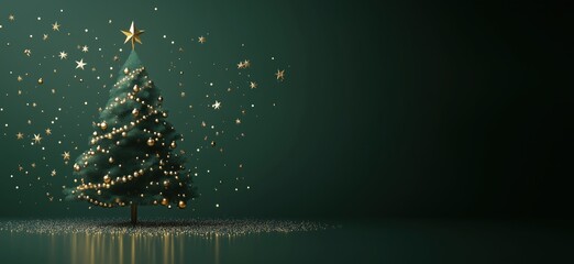 Elegant Christmas tree adorned with golden ornaments and sparkling stars on green background