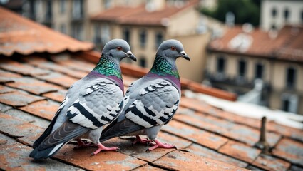 White feathers mark wild pigeons perched on walls, roofs, and streets