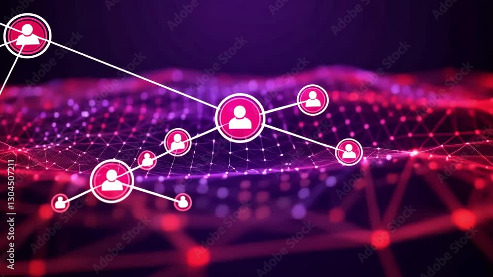 Poster futuristic network of connected profiles with pink nodes on a wave-like grid
