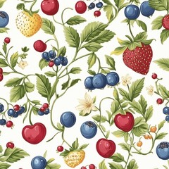 Seamless pattern of ripe berries and strawberries on white background.