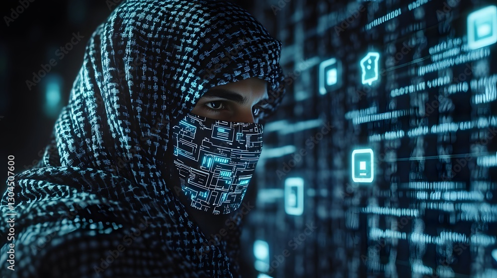 Poster mysterious figure in a digital cloak observing glowing data streams in a futuristic environment