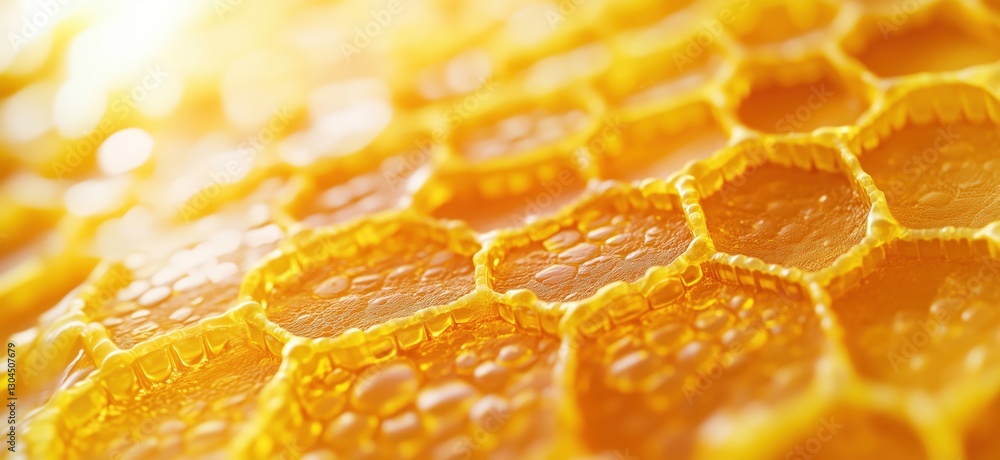 Poster close-up view of honeycomb structure showcasing golden honey texture and hexagonal cells