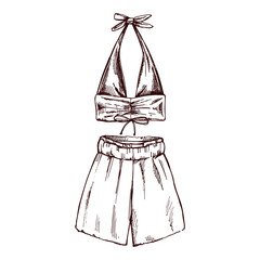 Hand drawn sketch of summer outfit set with halter top and wide-leg shorts in monochrome vintage style