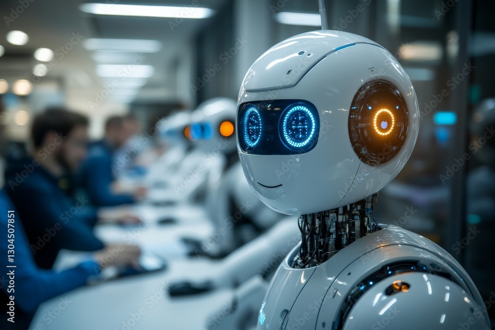 Aufkleber human-like robots assist in a futuristic office environment during working hours