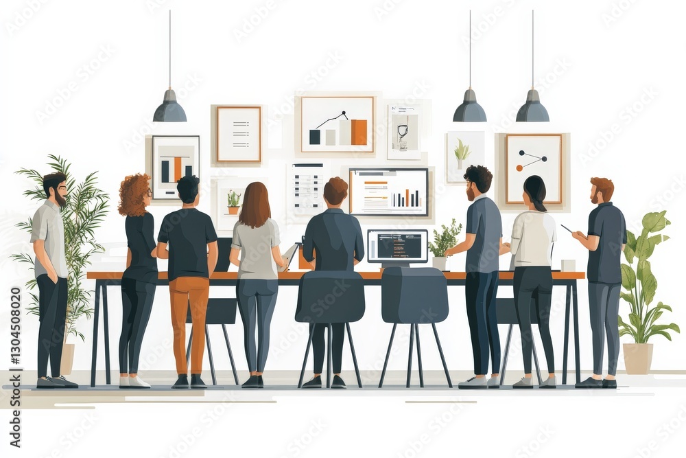 Poster Team collaborates in a modern office while analyzing charts and data during a brainstorming session in the afternoon