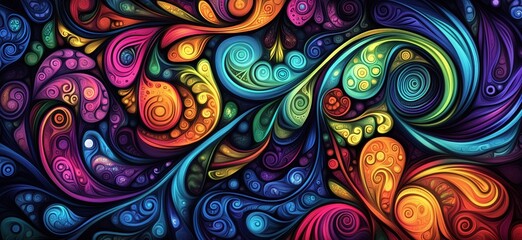Colorful abstract swirls and patterns in vibrant hues of blue, orange, and purple