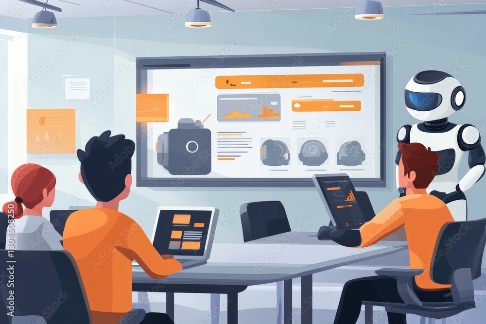 Poster team collaborates with a robot in a modern meeting room for project development and data analysis