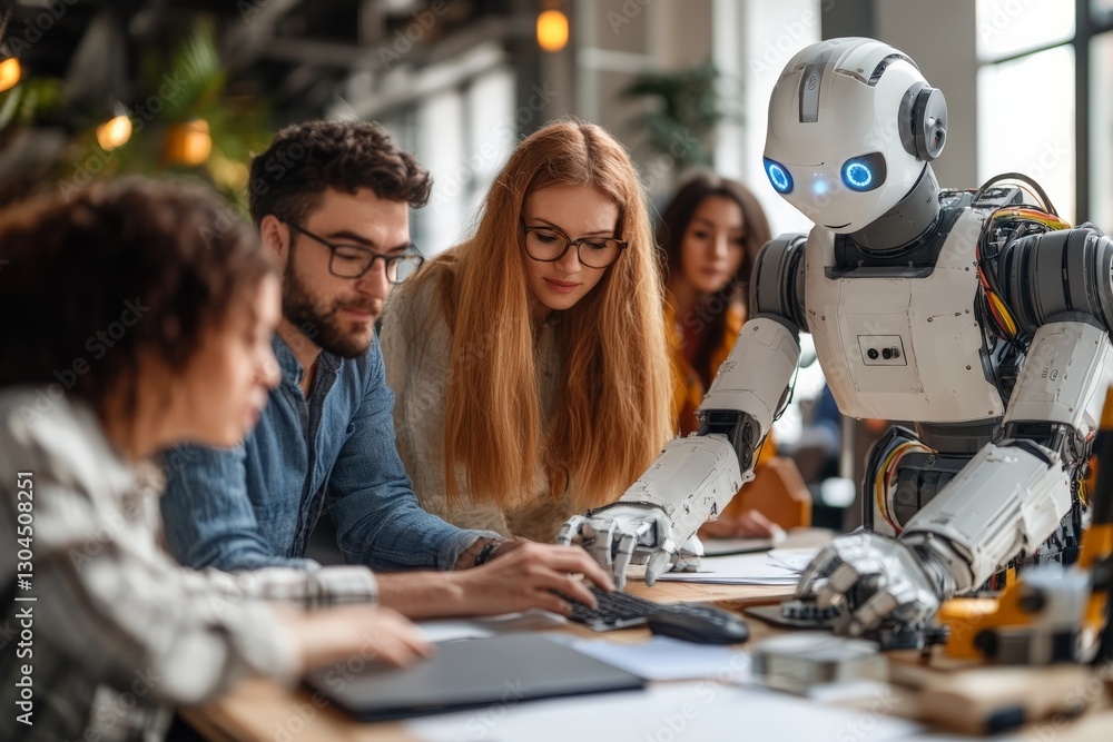 Poster collaborative technology meeting with individuals and a robot in a modern workspace
