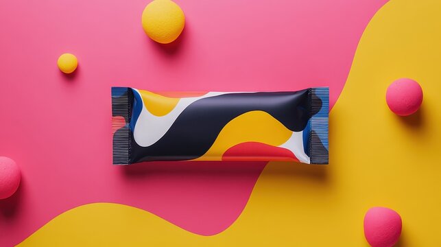 A mock-up of a vibrant snack bar packaging featuring a bold, eye-catching design that captures the essence of delicious and fun treats.