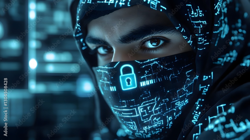 Poster mysterious figure in a digital mask symbolizing cybersecurity, surrounded by glowing circuit pattern