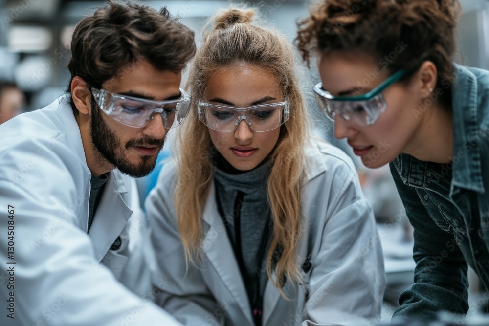 Poster Group of young students engaged in a science experiment in a modern laboratory setting during a day of learning and discovery