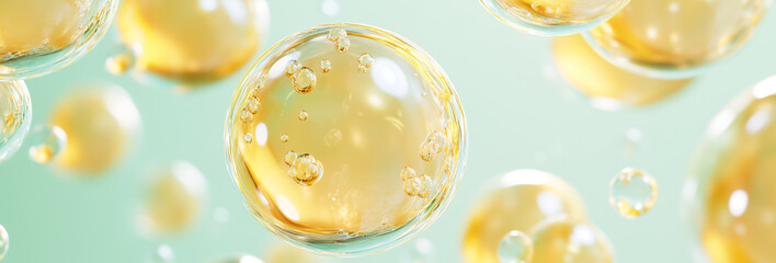 Golden Oil Bubbles in Liquid, Skincare and Beauty Concept. Header Image, Header Photo materials.